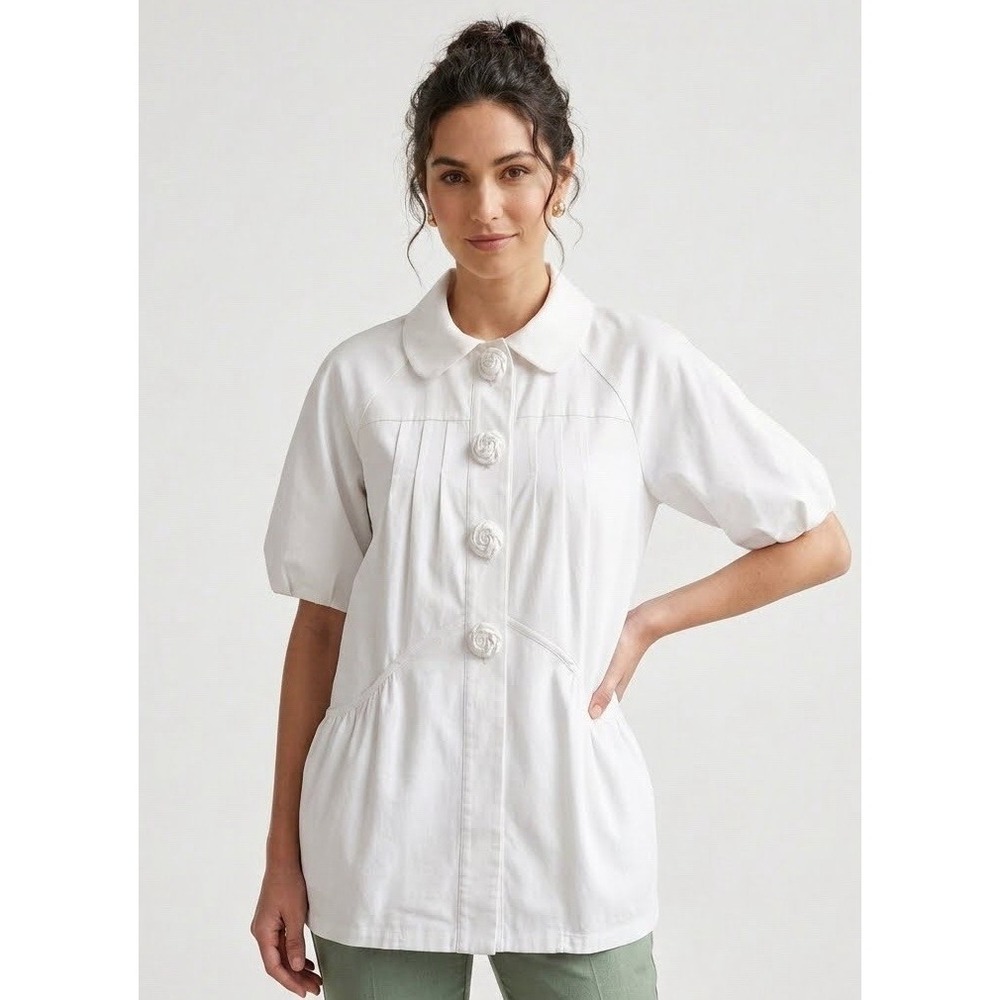 TCEC White Swing Coat L Boho Artsy Rosette Buttons Oversized Pockets Cottagecore